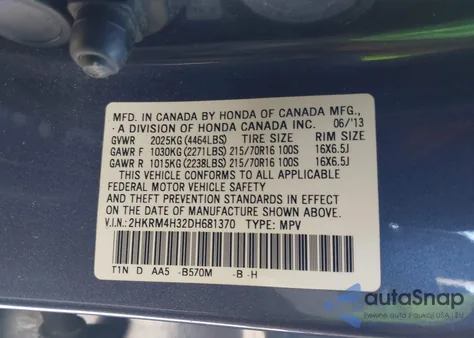 2013 Honda Cr-V Lx z USA, uszkodzony, nr VIN 2HKRM4H32DH681370